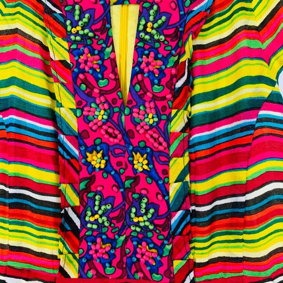 Nanette Lepore Linen Dress Size 8 Vibrant Stripes Beaded Neck Ruffle Accent - Picture 6 of 15
